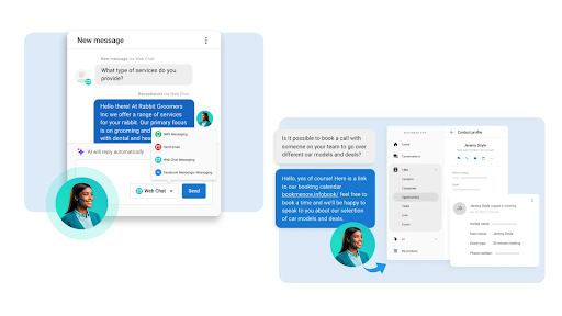 Visuals of AI chat interface and calendar integration for business use